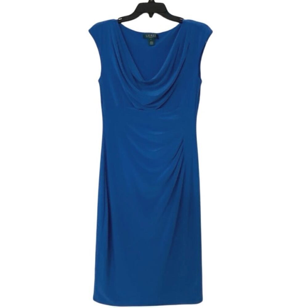 Lauren Ralph Lauren Sleeveless Blue Cowl Neck Ruched Fitted Midi Dress Size 8